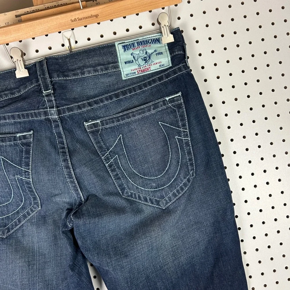 True Religion Straight Leg Jeans 38x32 Denim Wide Leg Dark Stitched Honeycomb